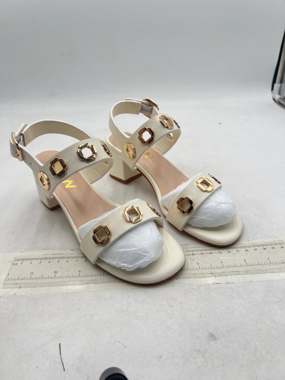 YDN Women's Ivory Block Heel Sandals with Gold Buckle Accents - Picture 4 of 8